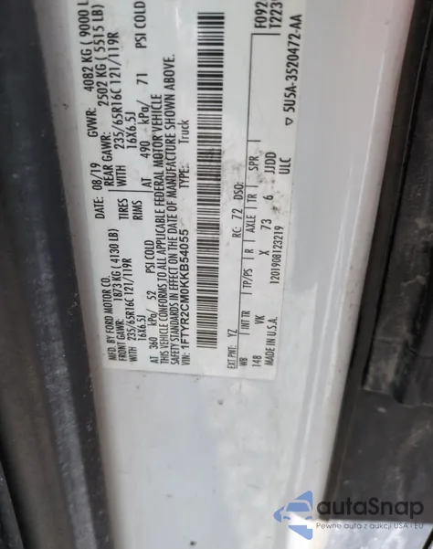 2019 Ford Transit T-250 z USA, uszkodzony, nr VIN 1FTYR2CM0KKB54055